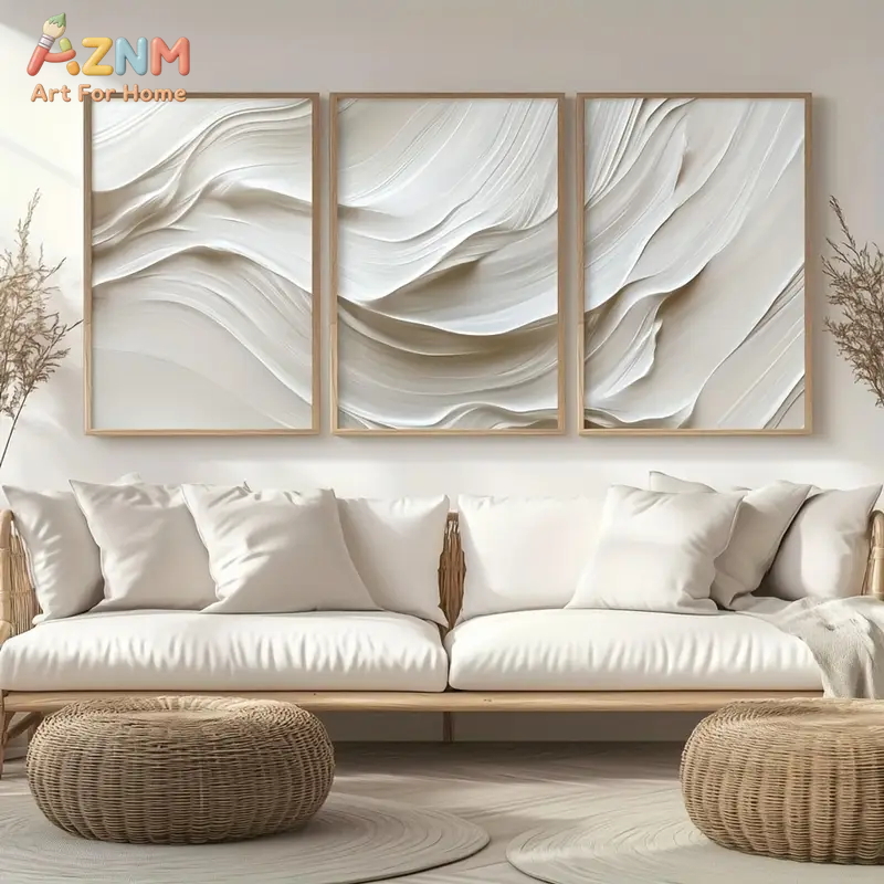 3D Printing On Fabric - AZNM 3-teilige neutrale beige-weiße abstrakte Wellen-Leinwand-Wandkunstdrucke,