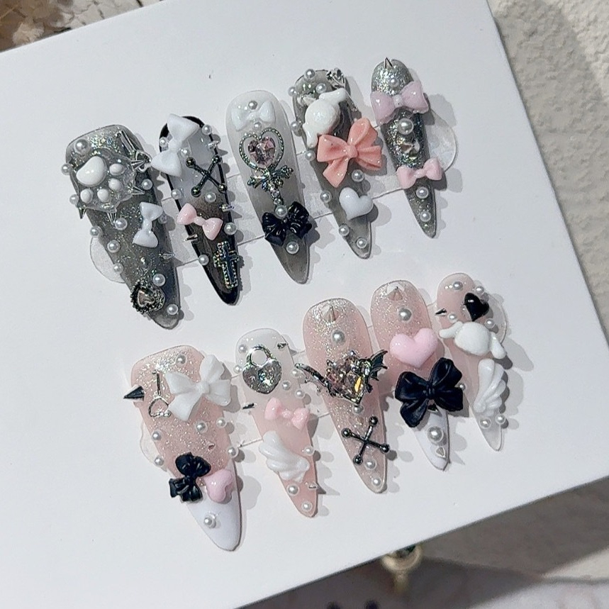 3D Printing Nails - Jirai Y2K Spice Girl Schwarz-Rosa Lange