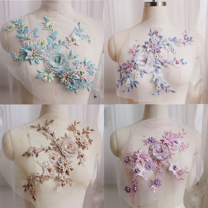 3D Printing On Fabric - Blau Lila Rosa Perlen-Pailletten-Spitzenapplikation Blumen-Patch Hochzeitskleid-Accessoires